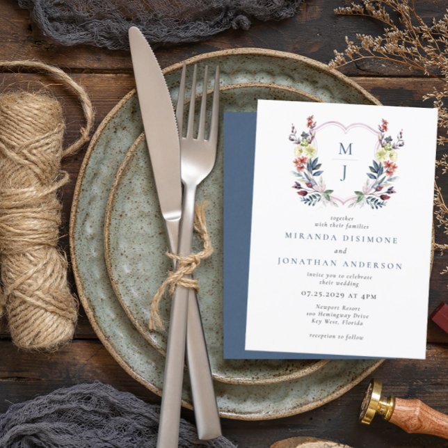 Invitación Boho acuarela Escudo floral Boda monograma azul (Subido por el creador)