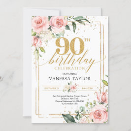 Invitación Boho acuarela floral verde rosa y dorado 90th