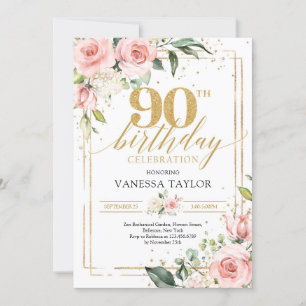 Invitación Boho acuarela floral verde rosa y dorado 90th