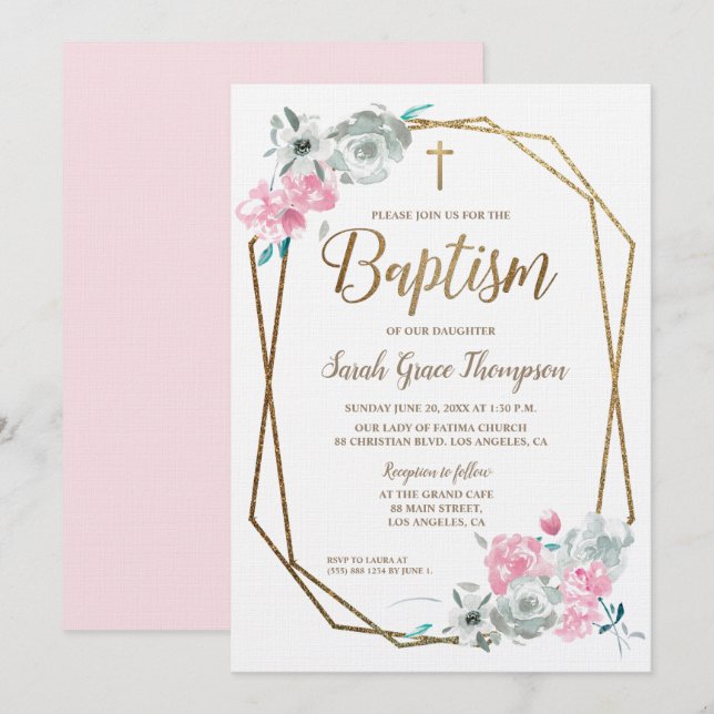 Invitación Boho acuarela flores bebe bautismo rosa (Anverso / Reverso)