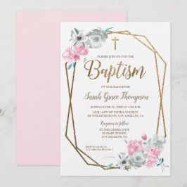 Invitación Boho acuarela flores bebe bautismo rosa