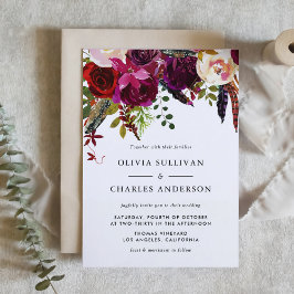 Invitación Boho acuarela Flores y plumas caen en matrimonio