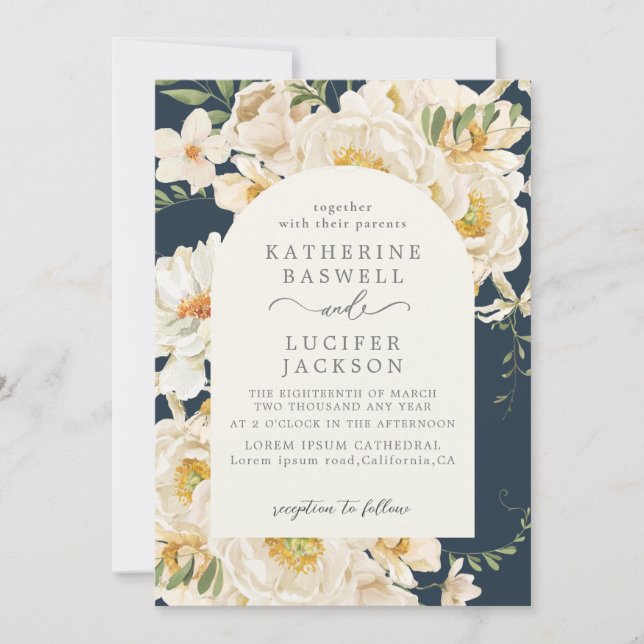 Invitación Boho acuarela follaje floral Boda azul de la Marin (Anverso)