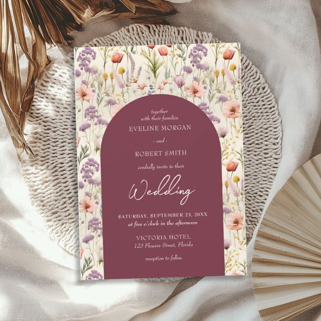 Invitación Boho acuarela marrón marfil morado flores silvestr (Boho watercolor maroon ivory purple wild flowers invitation)