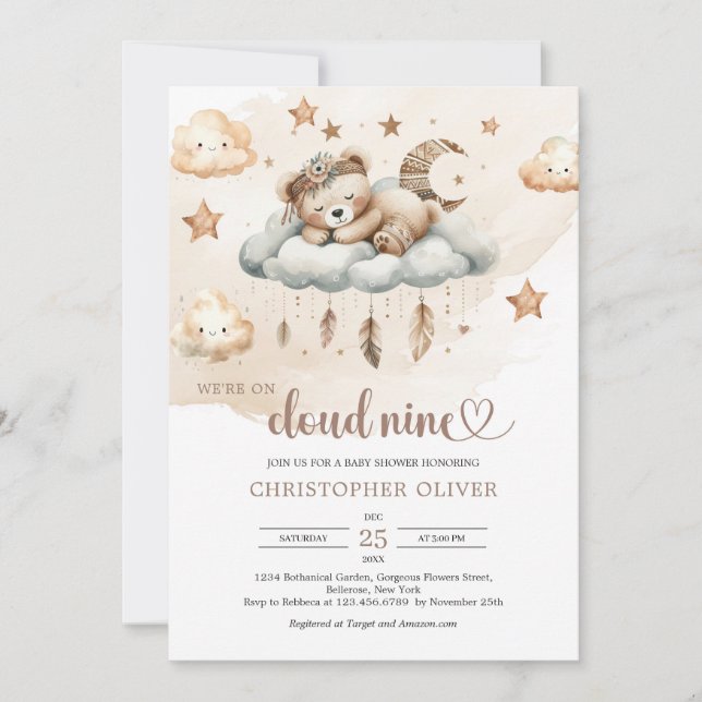 Invitación Boho acuarela marrón marfil nube de nueve (Anverso)