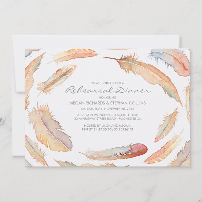 Invitación boho acuarela plumas cena de ensayo tribal (Anverso)