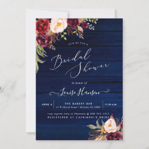 Invitación Boho Acuarela Rústica Peonías Marsala Madera Azul