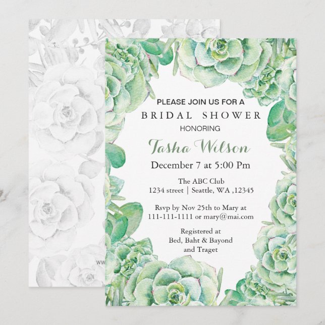 Invitación boho acuarela suculenta Bridal Shower Invite (Anverso / Reverso)