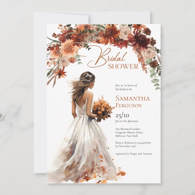 Invitación Boho acuarela terracota bouquet boda gown (Anverso)