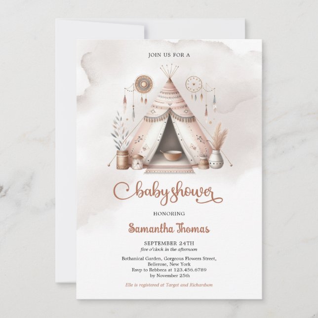 Invitación Boho acuarela tienda género neutro oxicina de marf (Anverso)