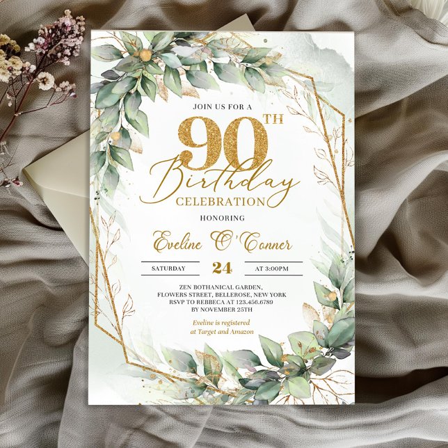 Invitación Boho acuarela verde eucalipto 90 cumpleaños (Elegant boho eucalyptus greenery gold glitter number 90th birthday invitation digital)