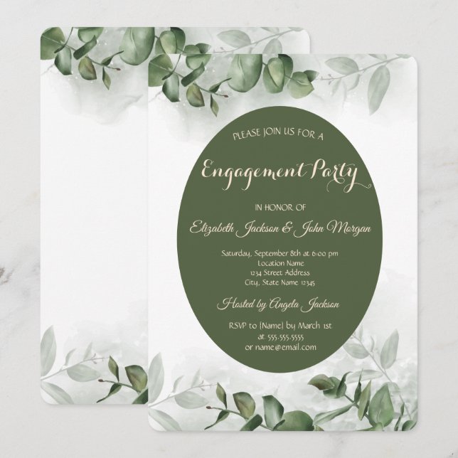 Invitación Boho Acuarela Verde Eucalipto Compromiso (Anverso / Reverso)