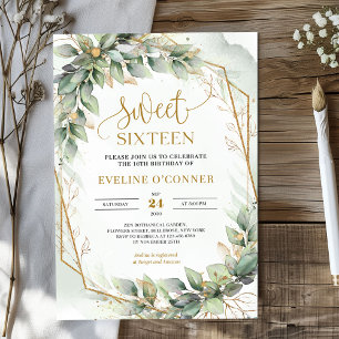 Invitación Boho acuarela verde eucalipto dulce dieciséis
