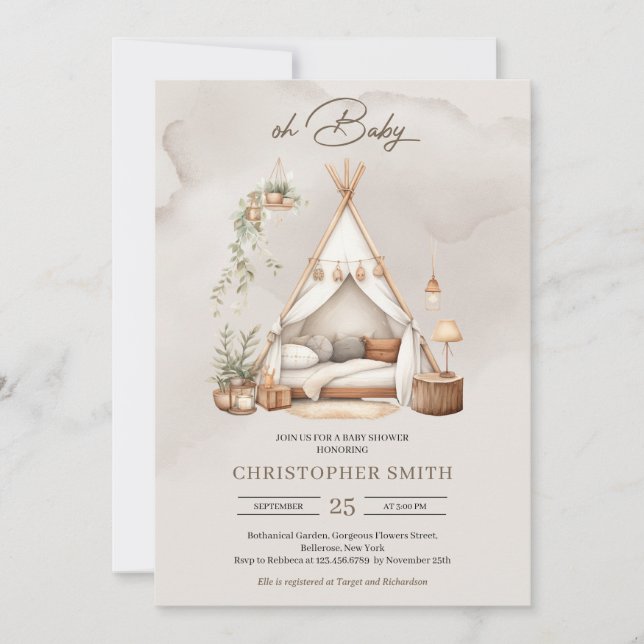 Invitación Boho acuarela verde y marrón carpa de bebé neutra (Anverso)