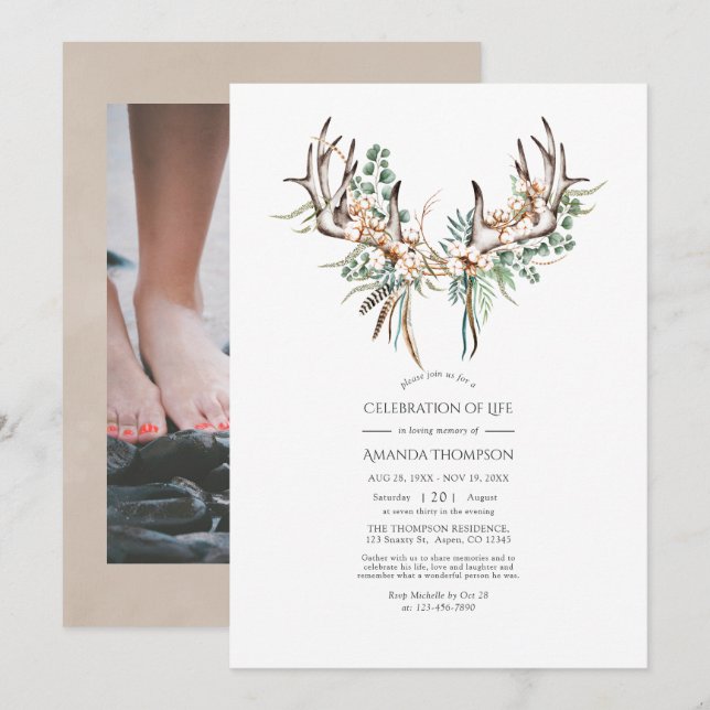 Invitación Boho Algodón y Celebración de la Vida de Eucalipto (Anverso / Reverso)