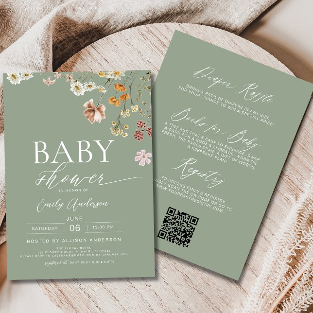 Invitación Boho All in One Wilflower Sage Green Baby Shower (Subido por el creador)