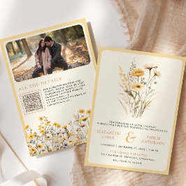 Invitación Boho amarillo Flor silvestre Foto Boda de código Q