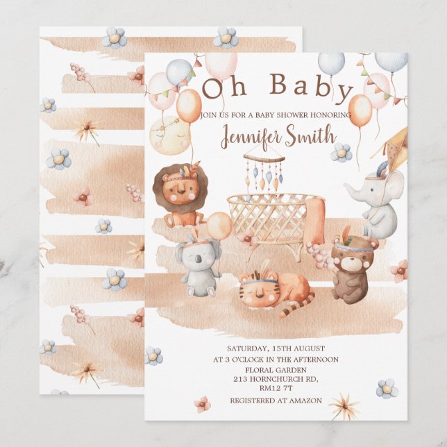 Invitación Boho animales pastel ducha móvil para bebés Oh beb (Anverso / Reverso)