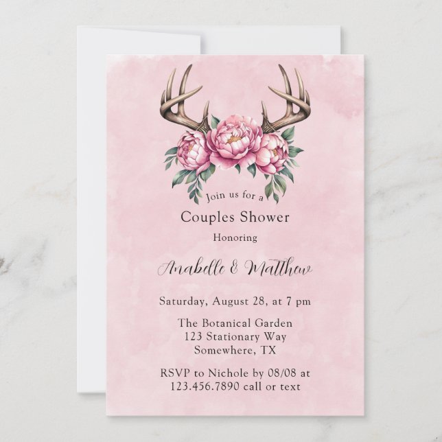 Invitación Boho Antler con ducha de matrimonio para peones ro (Anverso)