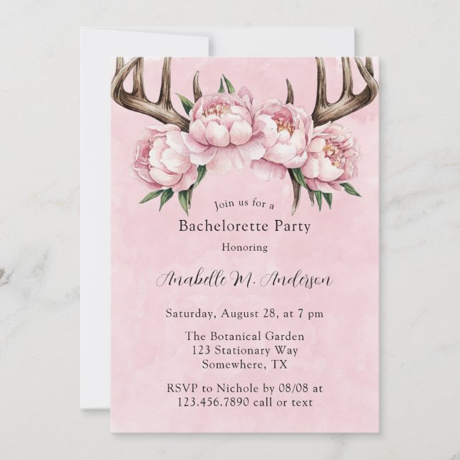 Invitación Boho Antler y la Bachelorette de Peonies Rosados (Anverso)