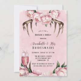 Invitación Boho Antler y Peonies Rosados Brunch & Bubbly