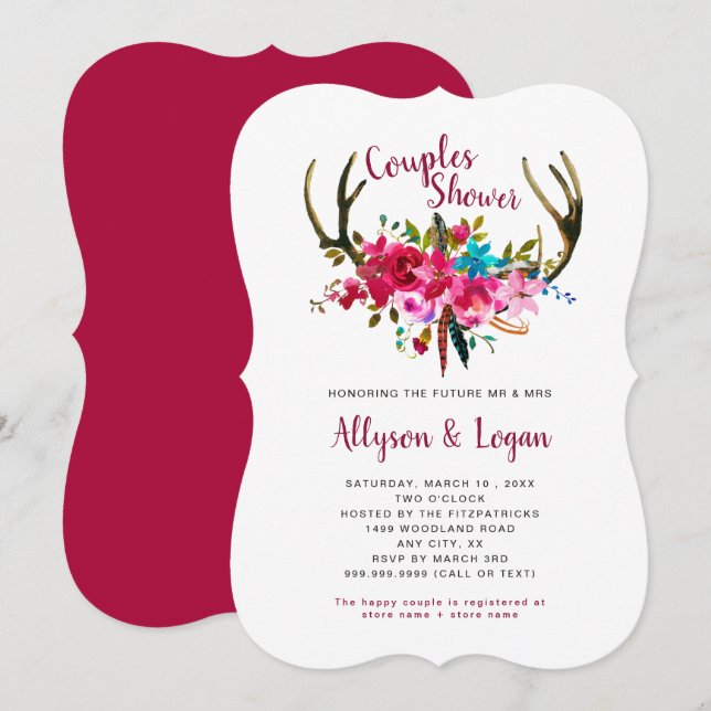 Invitación Boho Antlers Fuchsia Ducha De Parejas Florales Ros (Anverso / Reverso)