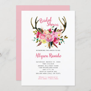 Invitación Boho Antlers Mezcla rosa Floral Ducha de novia