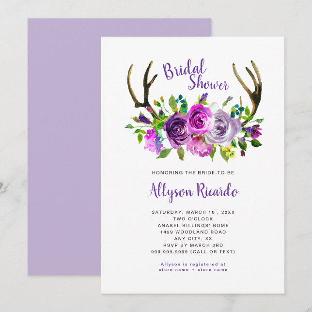 Invitación Boho Antlers Morple Mix Floral Bridal Shower (Anverso / Reverso)