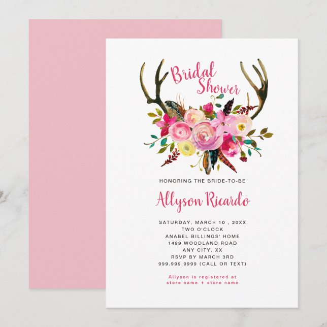 Invitación Boho Antlers Pink Mix Floral Bridal Shower (Anverso / Reverso)
