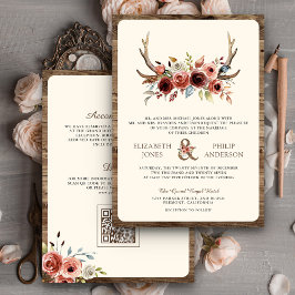 Invitación Boho Antlers Terracotta Floral QR Code Boda