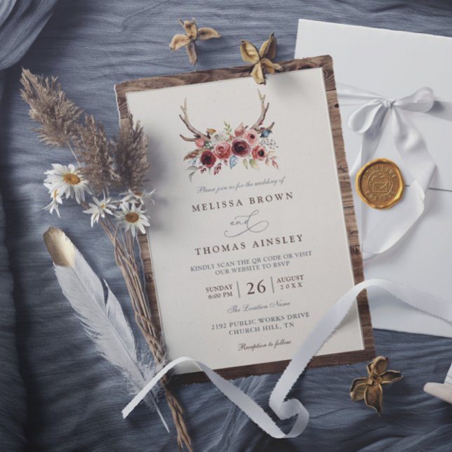 Invitación Boho Antlers Terracotta Floral QR Code Wedding (Subido por el creador)