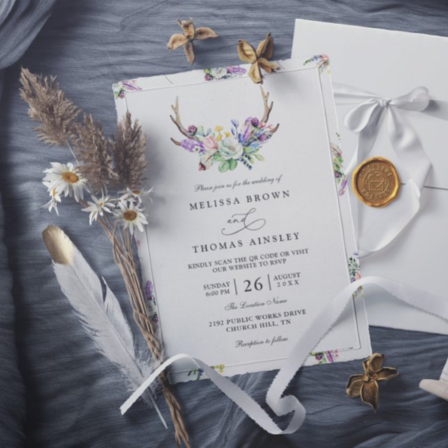 Invitación Boho Antlers Wildflowers Rustic QR Code Wedding (Subido por el creador)