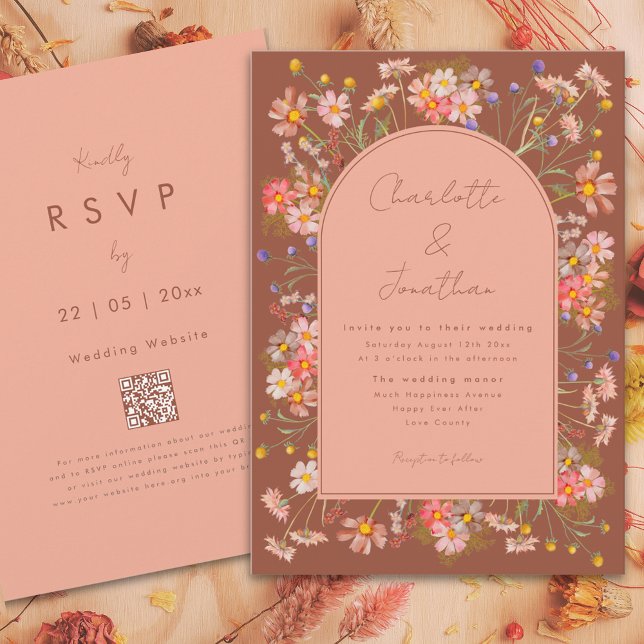 Invitación Boho arca de flores silvestres Naranja boda otoño (Wildflower boho arch terracotta burnt orange peach fall wedding invitation with RSVP website QR code)