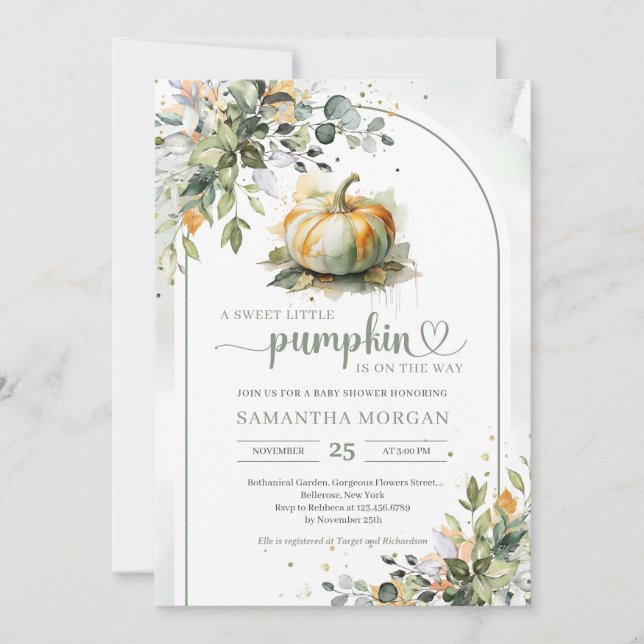 Invitación Boho arch acuarela calabaza verde eucalipto oro (Anverso)