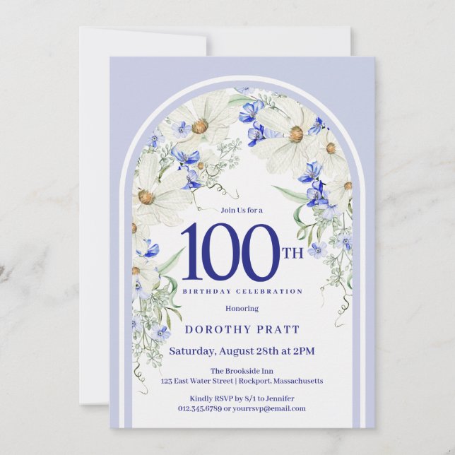 Invitación Boho Arch Blue White Floral Fiesta de cumpleaños n (Anverso)