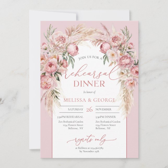 Invitación Boho arch blush peonies pampas pasto eucalipto (Anverso)
