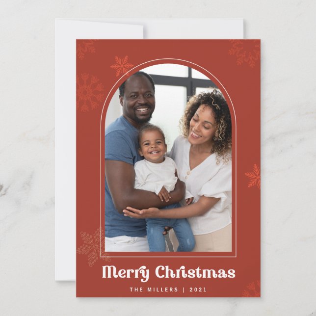 Invitación Boho Arch copos de nieve óxido Foto Feliz Navidad (Anverso)
