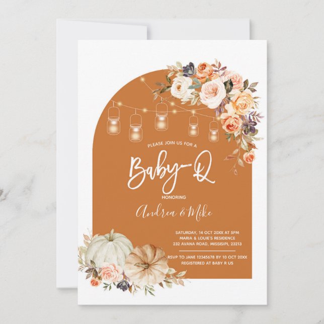 Invitación Boho Arch Fall Pumpkin BabyQ Baby Shower (Anverso)