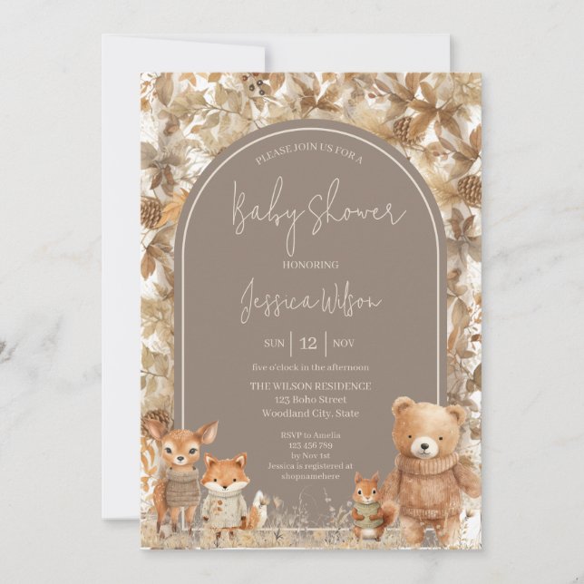 Invitación Boho Arch Fall Woodland Animals Baby Shower (Anverso)