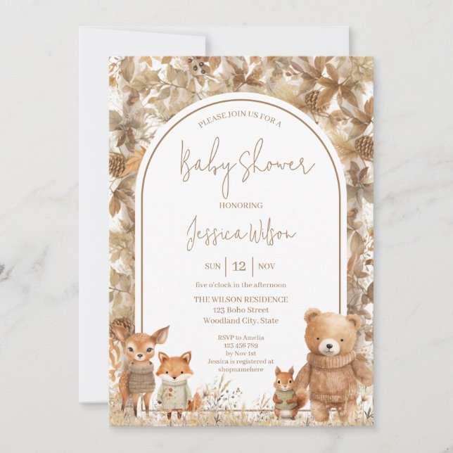 Invitación Boho Arch Fall Woodland Animals Baby Shower (Anverso)