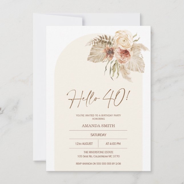 Invitación Boho Arch Floral Pampas Grass Hola 40 Cumpleaños (Anverso)