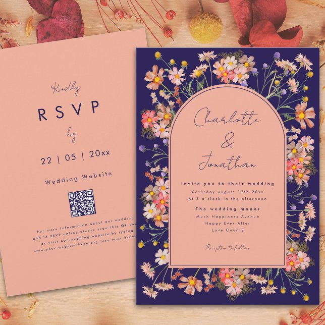 Invitación Boho Arch Navy Blue Fall Wedding (Wildflower boho arch navy blue peach terracotta fall wedding invitation with website qr code)