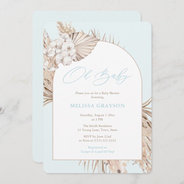 Invitación Boho Arch Pampas Grass Light Blue Boy Baby Shower (Anverso / Reverso)
