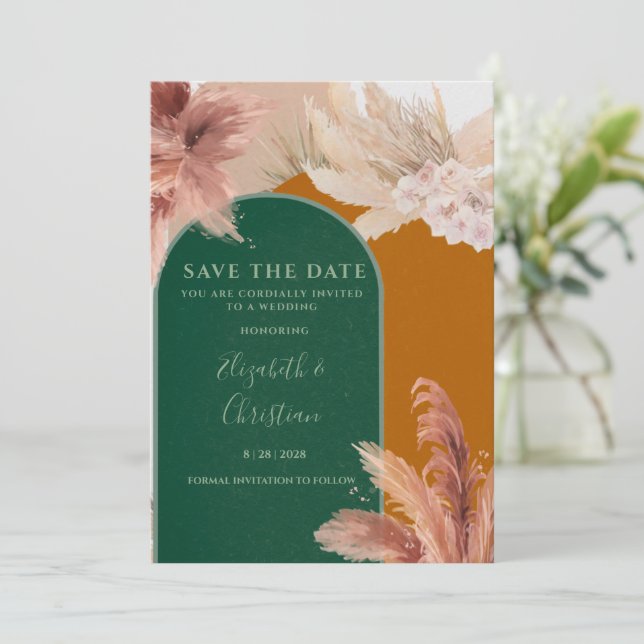 Invitación Boho Arch Pampas Grass Salva La Fecha (Anverso de pie)