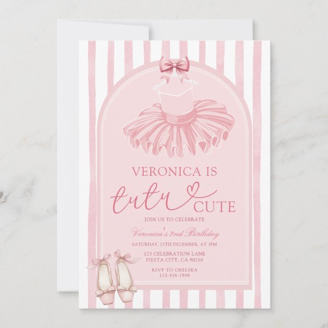 Invitación Boho Arch Pink Bow Tutu Cute Ballerina Birthday (Anverso)