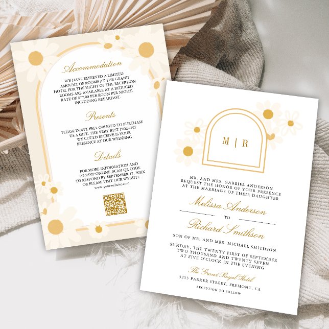 Invitación Boho Arch Retro Yellow Daisy All in One Wedding (Subido por el creador)