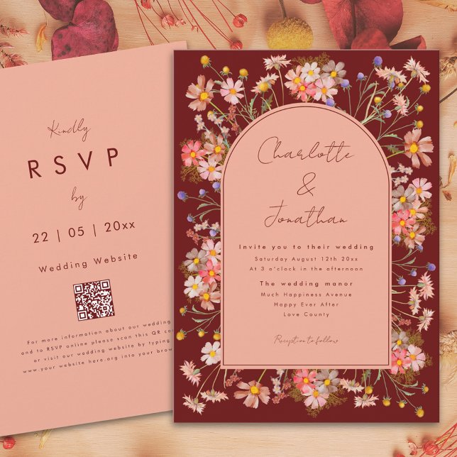 Invitación Boho Arch Terracotta Peach Fall Wedding (Wildflower boho arch terracotta burnt orange fall wedding invitation with whimsical script )