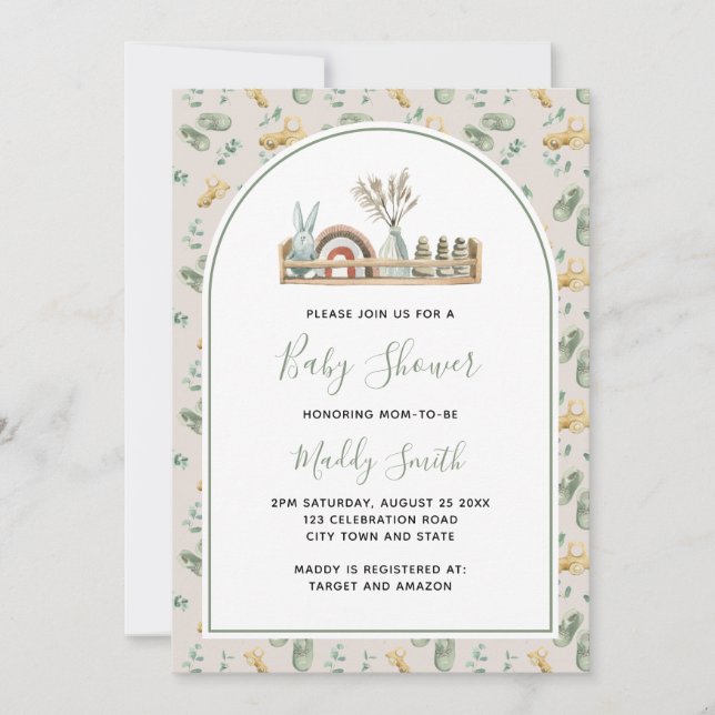 Invitación Boho Arch Wood Juguetes Green Rainbow Baby Shower (Anverso)