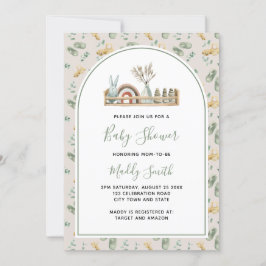 Invitación Boho Arch Wood Juguetes Green Rainbow Baby Shower