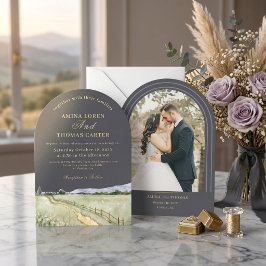 Invitación Bóho Arco de Montaña Acuarela Foto Boda Minimalist
